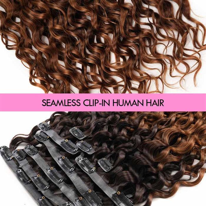 QVR #2/30 Mixed Subtle Ombre Water Wave PU Clip In Hair Extensions 9PCS 5PCS Volumizer Human Hair