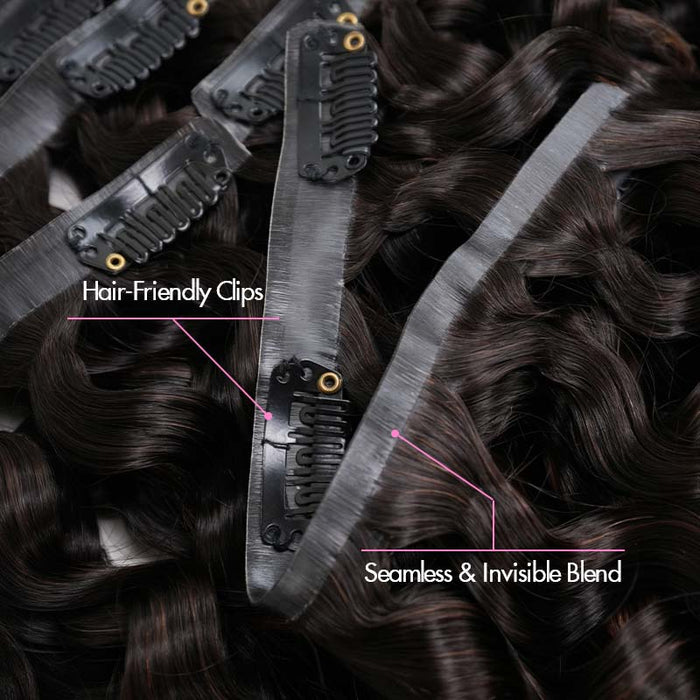QVR #2/30 Mixed Subtle Ombre Water Wave PU Clip In Hair Extensions 9PCS 5PCS Volumizer Human Hair