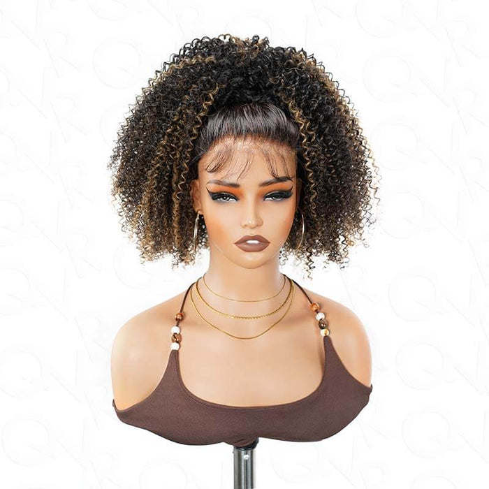 updo qvr v part human hair wigs, blonde highlighted kinky curly hair
