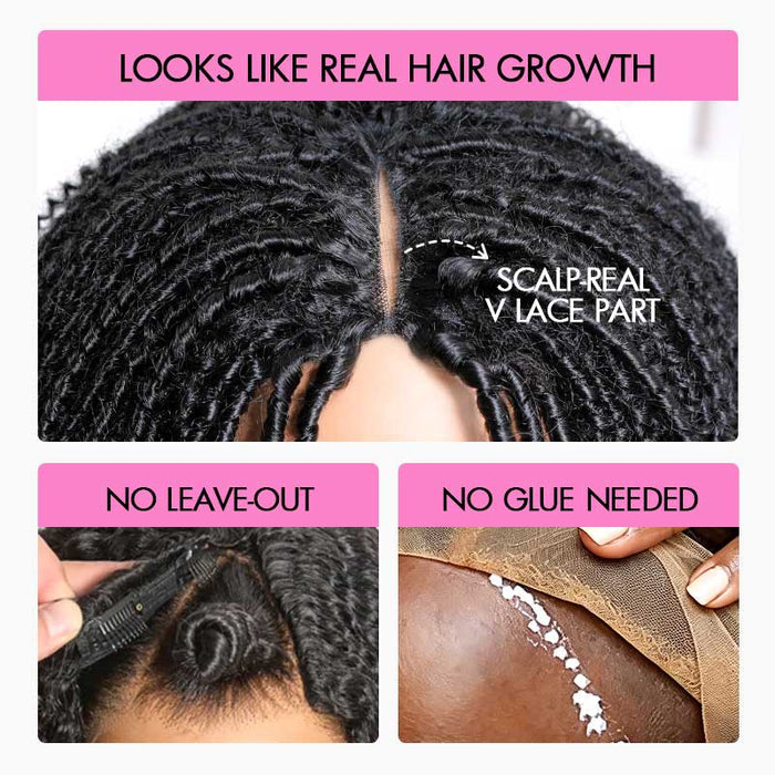 QVR Glueless Spiral Coily Curly V Part Wig Beginner Friendly Short Bob Wigs
