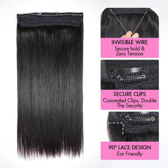 QVR Halo Hair Extensions Human Hair Straight One Piece Clip in with Invisible Wire & V Part Breathable Weft