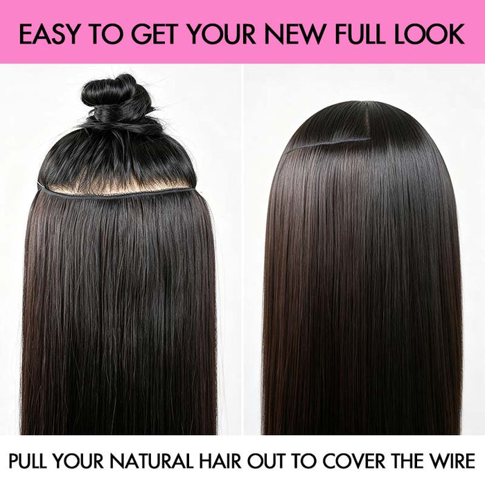 QVR Halo Hair Extensions Human Hair Straight One Piece Clip in with Invisible Wire & V Part Breathable Weft