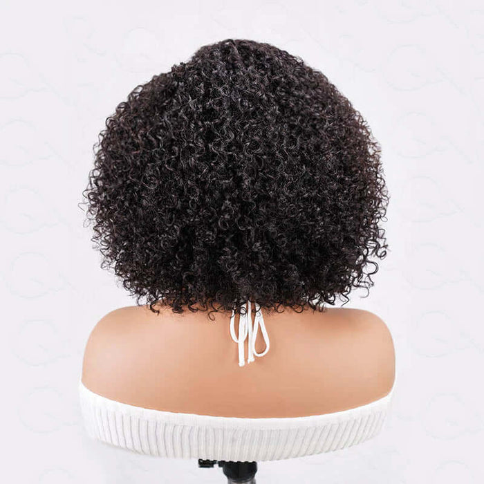 QVR Short Cut Curly Human Hair Minimalist Lace Glueless Side Part Wig