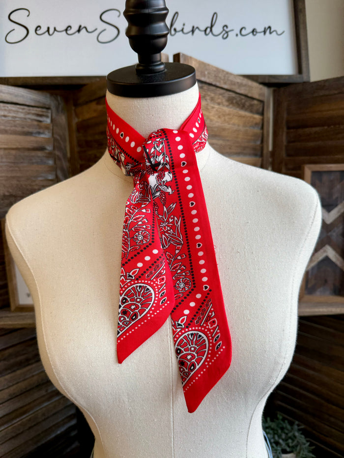 Red bandana twilly scarf tied on mannequin with bold patterned border