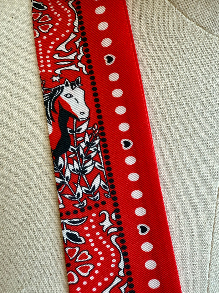 Red bandana twilly scarf with horse-and-dots border print