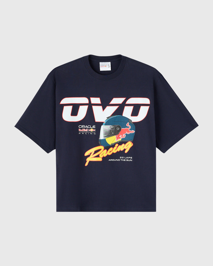 Navy t-shirt with Red Bull Racing graphic print featuring OVO logo, racing helmet illustration, and text.