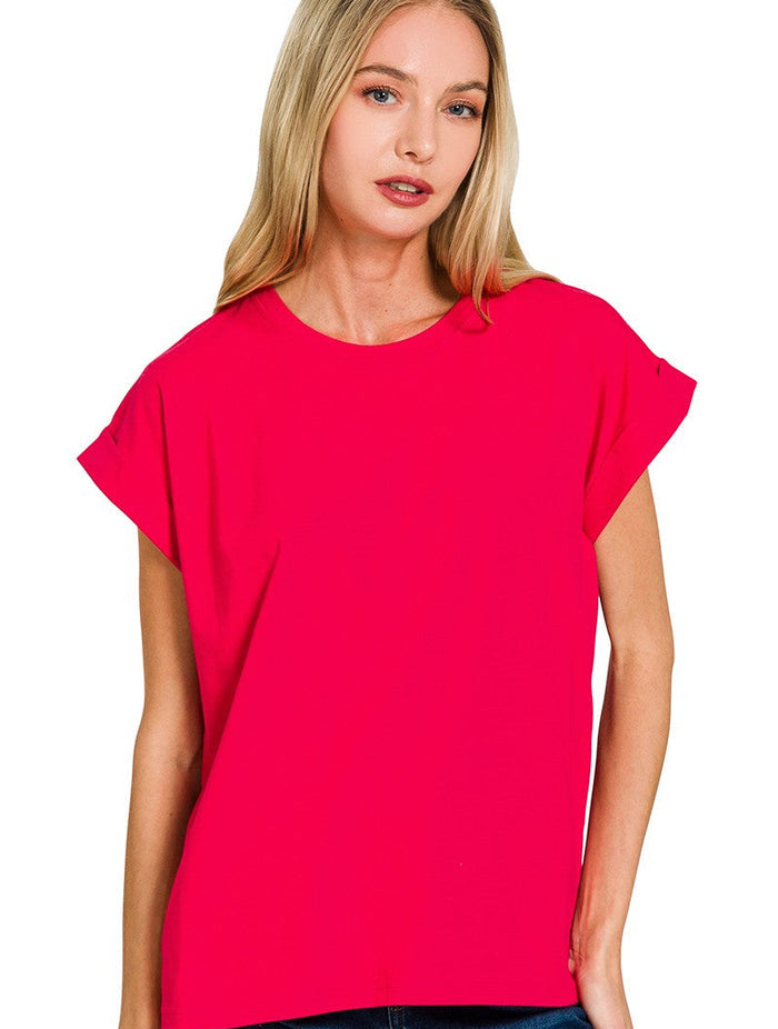 Red cotton crew-neck short-sleeve T-shirt with folded sleeves