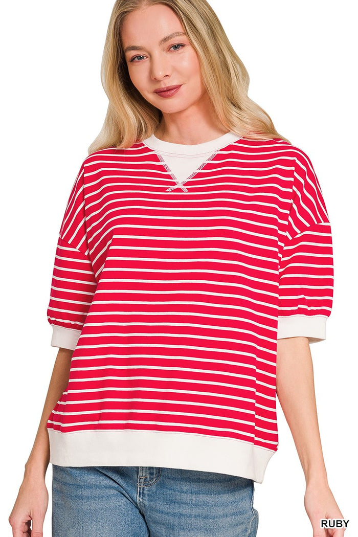 Red and white striped V-neck T-shirt with cuffed short sleeves