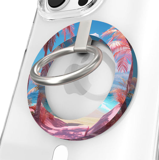 Resting Beach Face tropical beach scene MagSafe phone grip ring with pink sand and palm trees compatible with iPhone and Samsung
