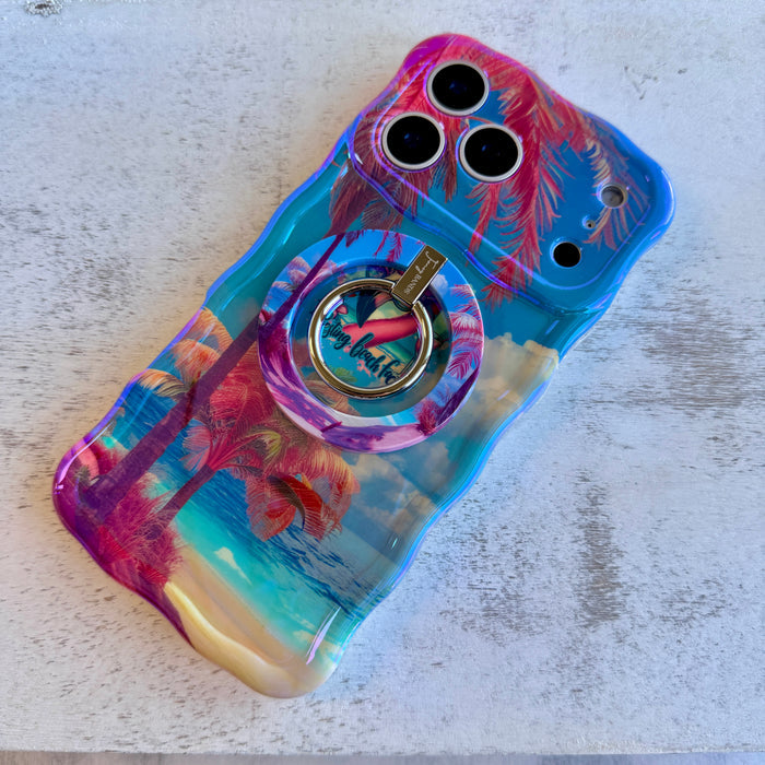 Resting Beach Face tropical beach scene MagSafe phone grip ring with pink sand and palm trees compatible with iPhone and Samsung