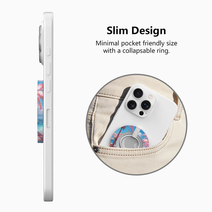 Resting Beach Face tropical beach scene MagSafe phone grip ring with pink sand and palm trees compatible with iPhone and Samsung