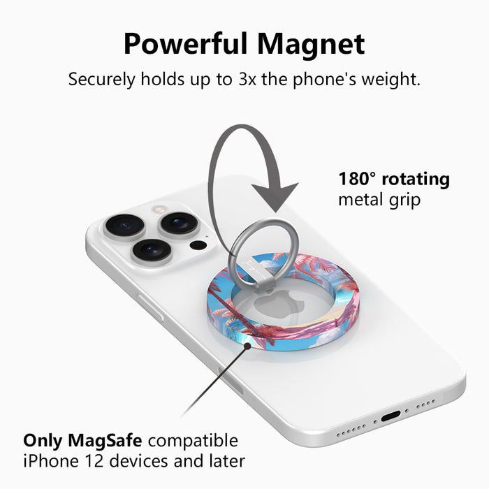 Resting Beach Face tropical beach scene MagSafe phone grip ring with pink sand and palm trees compatible with iPhone and Samsung