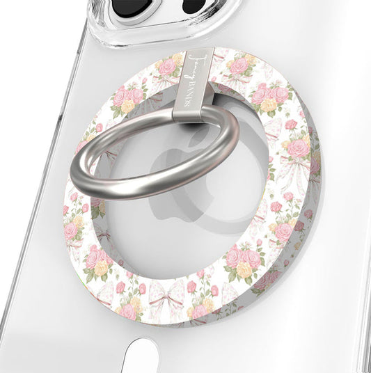 Ribbons and Roses coquette pattern MagSafe phone grip ring with pink roses and white bows on a white background compatible with iPhone and Samsung