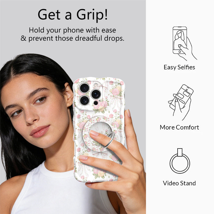 Ribbons and Roses coquette pattern MagSafe phone grip ring with pink roses and white bows on a white background compatible with iPhone and Samsung
