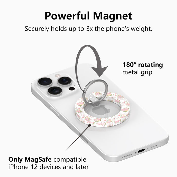 Ribbons and Roses coquette pattern MagSafe phone grip ring with pink roses and white bows on a white background compatible with iPhone and Samsung
