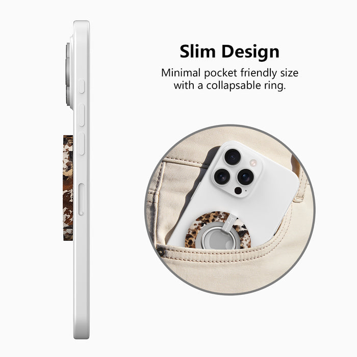 Rodeo Wild western cowhide pattern MagSafe phone grip ring with brown and black spots compatible with iPhone and Samsung
