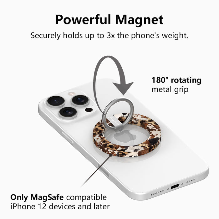 Rodeo Wild western cowhide pattern MagSafe phone grip ring with brown and black spots compatible with iPhone and Samsung