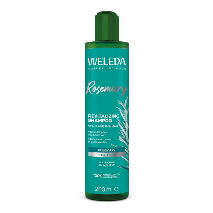 Weleda Rosemary Revitalising Shampoo bottle on a white background.