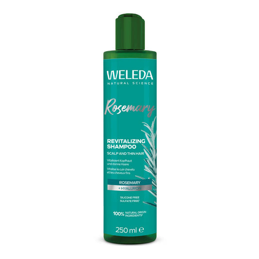 Weleda Rosemary Revitalising Shampoo bottle on a white background.