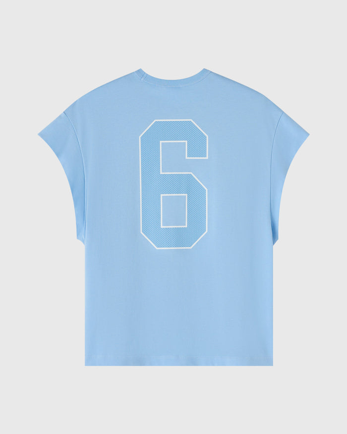 Light blue sleeveless muscle tee with white mesh number 6 graphic on back.