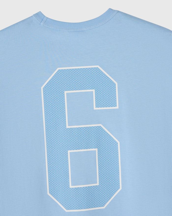 Light blue sleeveless muscle tee with large white-outlined number 6 featuring mesh print pattern on chest.