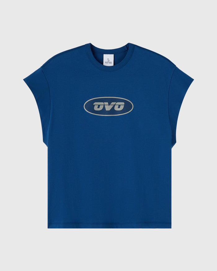 Deep denim sleeveless muscle tee with tan oval logo print on chest.