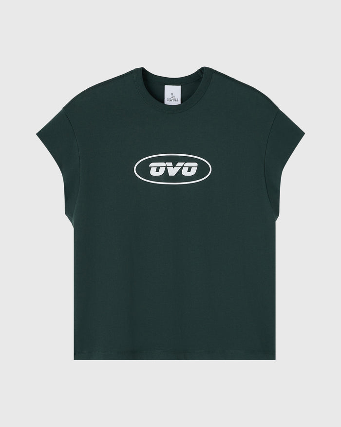 Midnight green muscle tee with white oval logo print on chest.