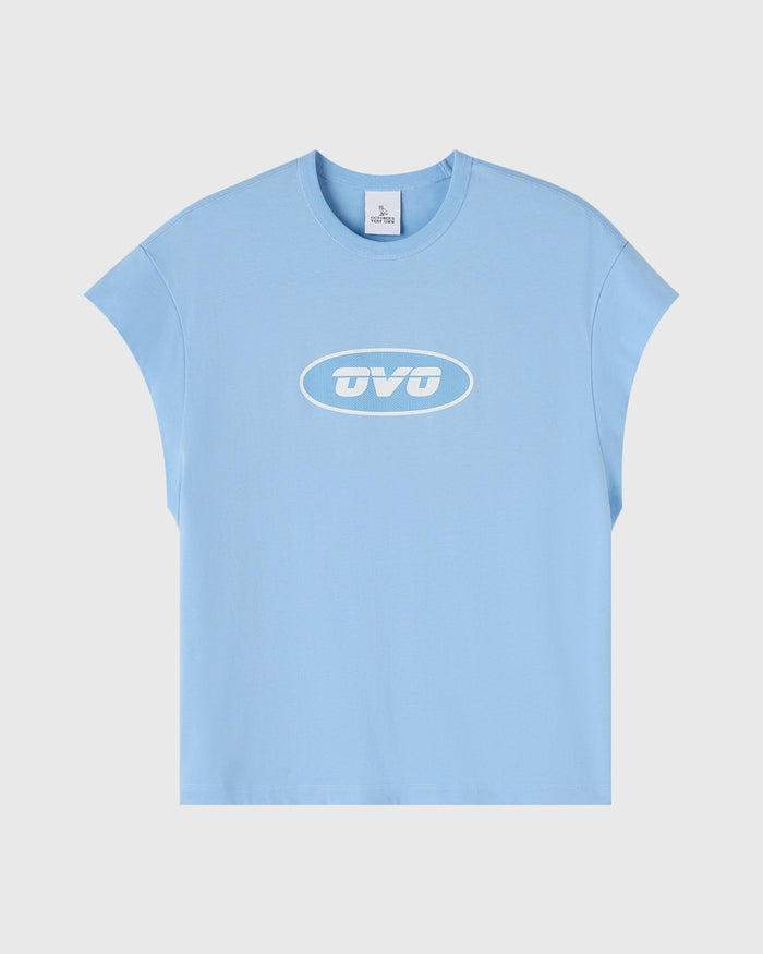 Light blue sleeveless muscle tee with white oval logo print on chest.