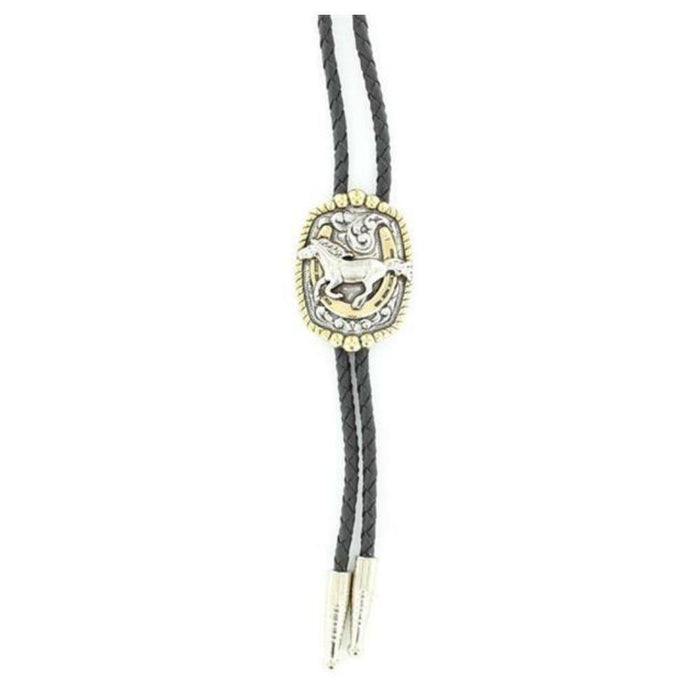 Running Horse on Horse Shoe Silver Bolo Tie
