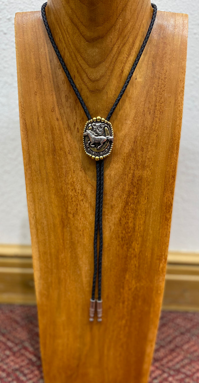 Running Horse on Horse Shoe Silver Bolo Tie