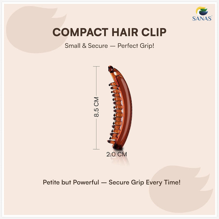 Compact hair clip with dimensions and branding on a beige background