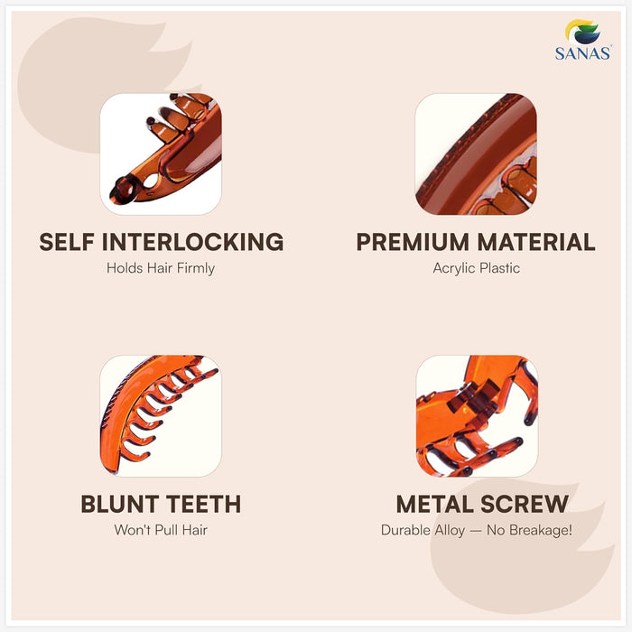 Product features of a hair clip with self-interlocking, premium material, blunt teeth, and metal screw on a beige background.