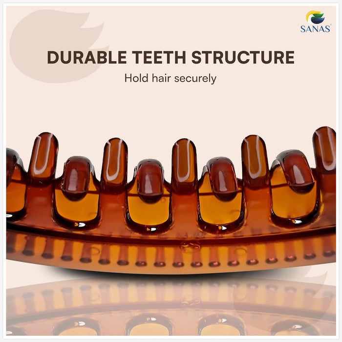 Brown hair clip with durable teeth structure on a beige background, featuring the SANAS brand.