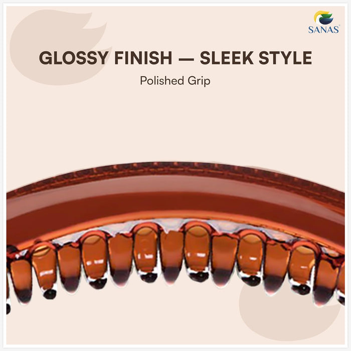 Close-up of a polished grip with 'Glossy Finish - Sleek Style' text and 'SANAS' logo.