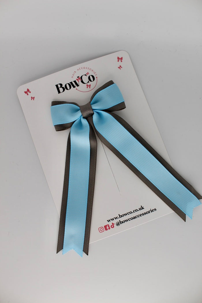 School Blue Topaz and Grey Tuxedo Tails Bow – Clip