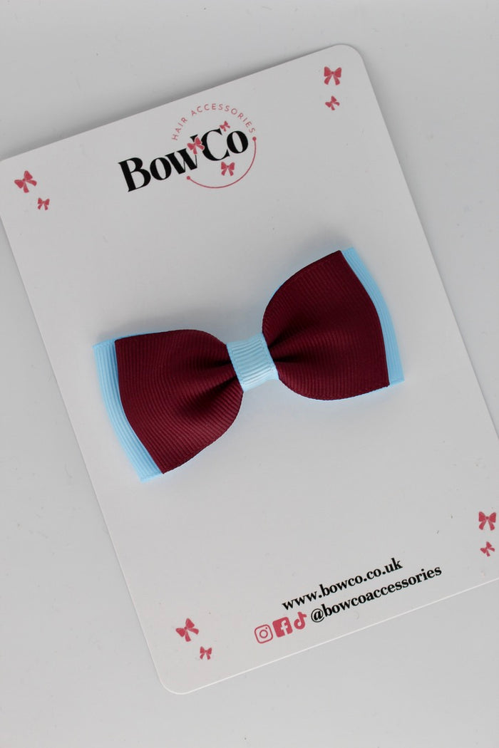 School Bow Burgundy and Blue Topaz - Double Lapel Bow - Clip