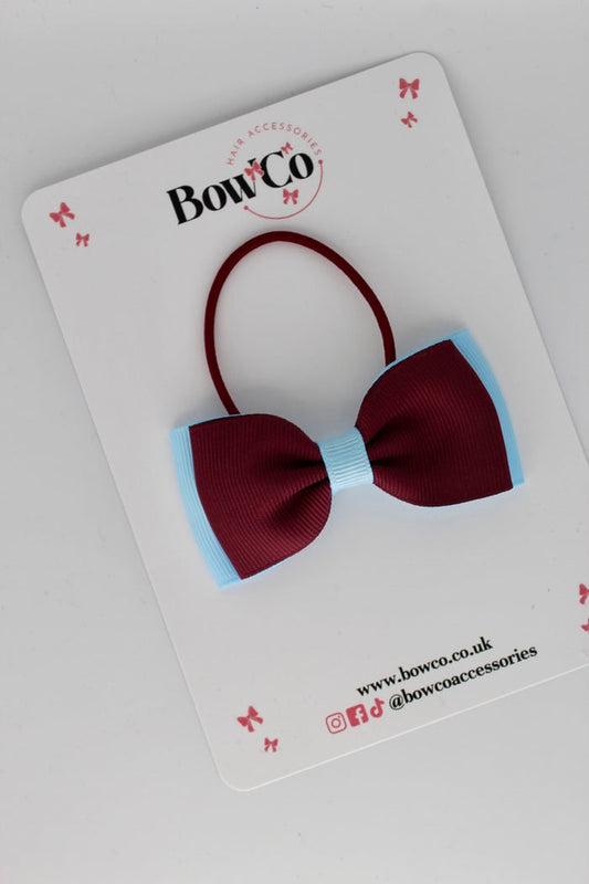 School Bow Burgundy and Blue Topaz - Double Lapel Bow - Elastic