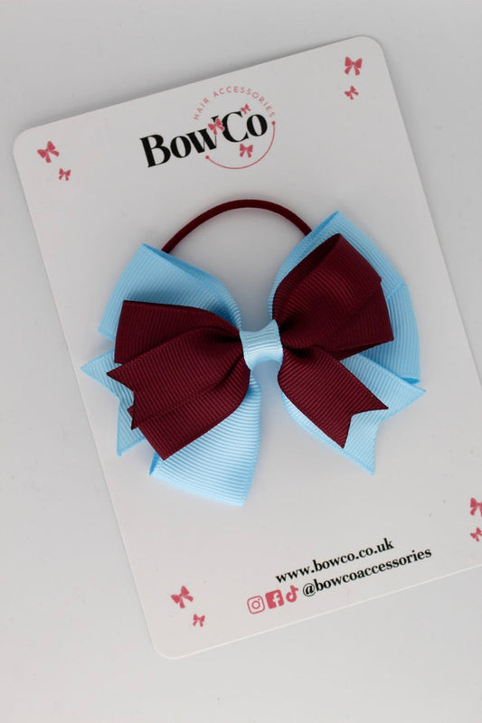 School Bow Burgundy and Blue Topaz - Double Tail Bow - Elastic
