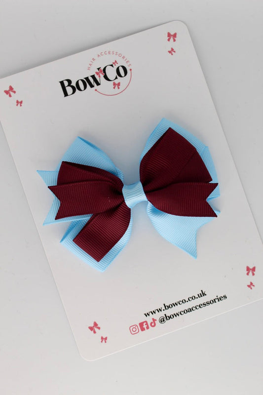 School Bow Burgundy and Blue Topaz - Double Tail Bow Set - Clip