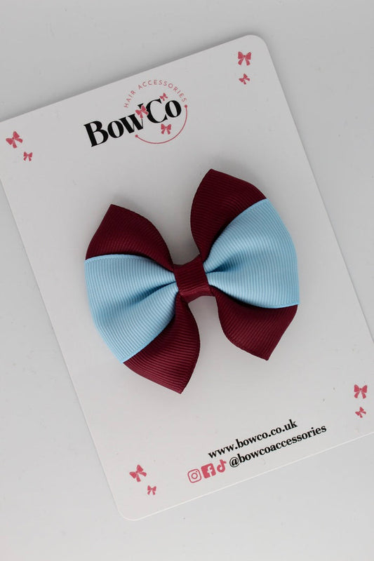 School Bow Burgundy and Blue Topaz - Round Tuxedo Bow - Clip