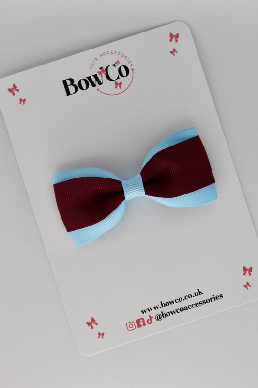 School Bow Burgundy and Blue Topaz - Tuxedo Bow - Clip