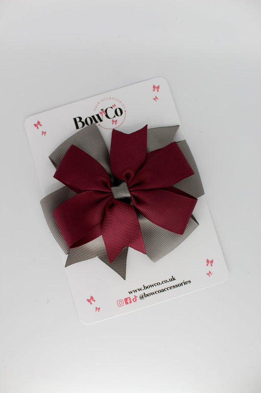 School Bow Burgundy and Metal Grey - Pinwheel Bow Clip