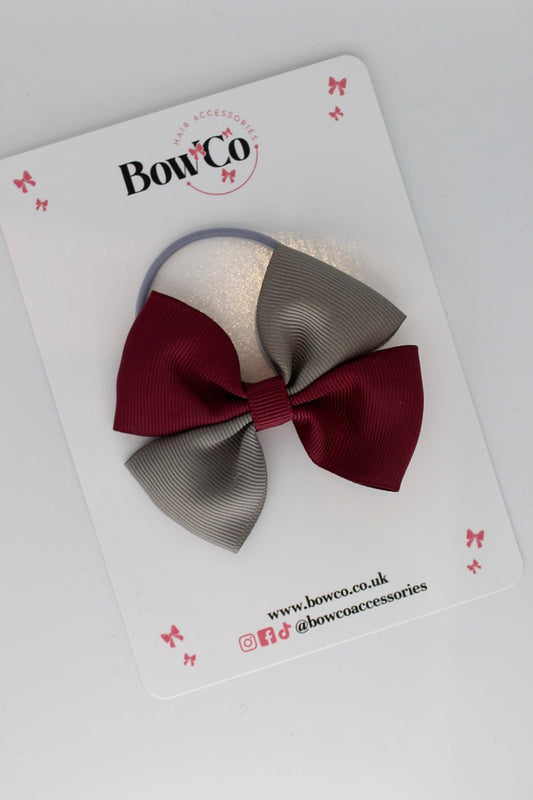 School Bow Burgundy and Metal Grey - Twist Bow - Elastic