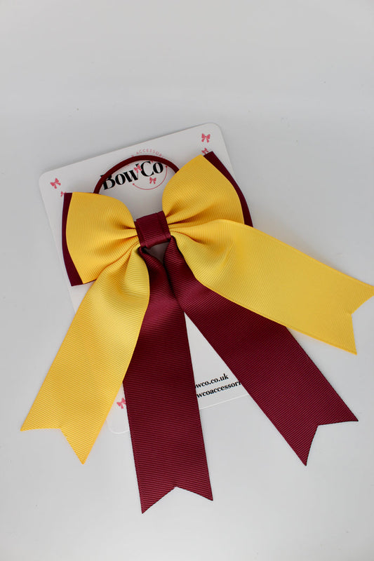 School Bow Burgundy and Yellow Gold - Classic Tail Bow - Elastic