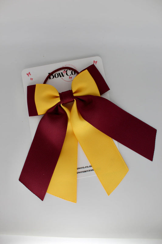 School Bow Burgundy and Yellow Gold - Double Layer Tail Bow – Elastic