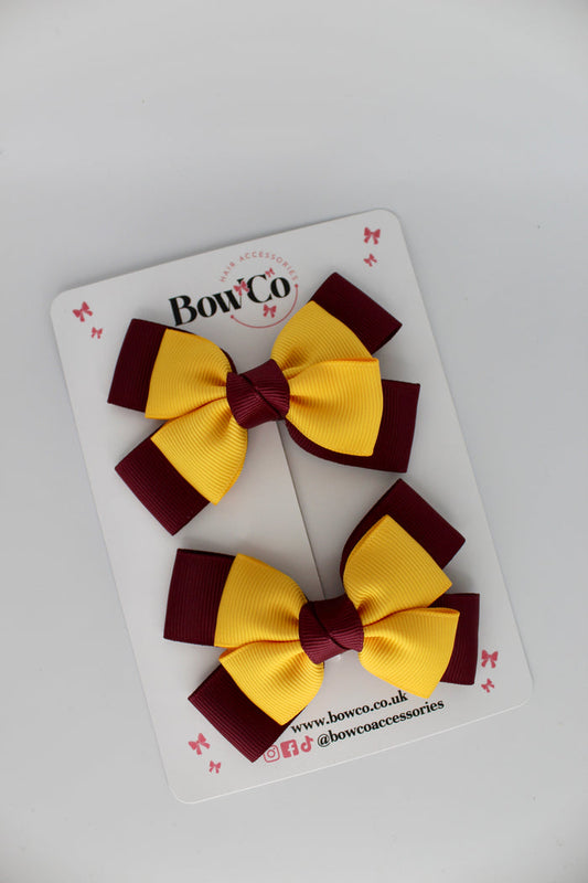 School Bow Burgundy and Yellow Gold - Layer Bow Set - Clip