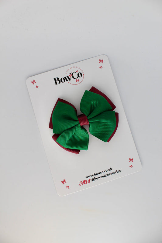 School Bow Forest Green and Burgundy - Double Layer Bow - Clip