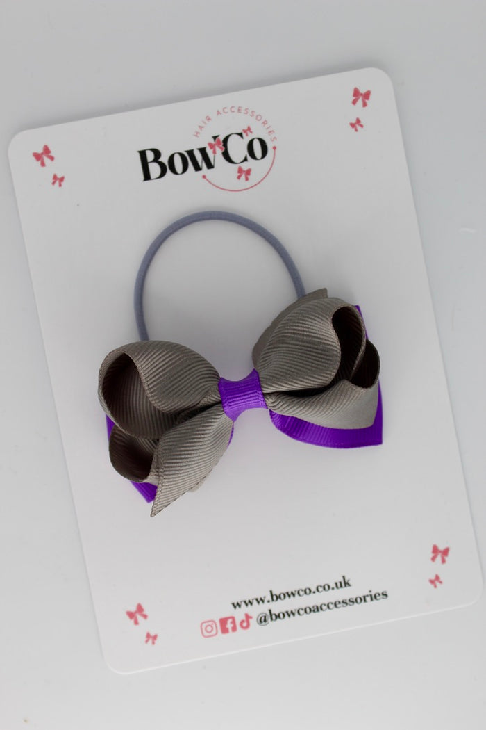 School Bow Purple and Metal Grey - Pleated Bow - Elastic