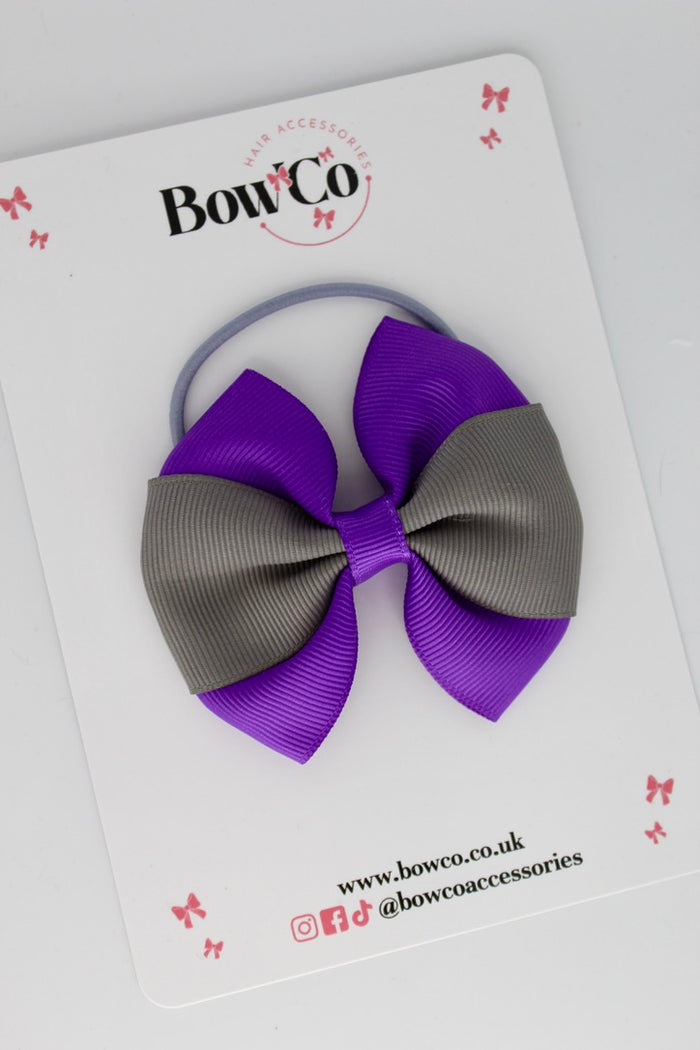School Bow Purple and Metal Grey - Round Tuxedo Bow - Elastic