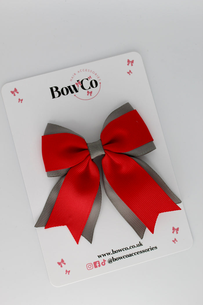 School Bow Red and Metal Grey - Tail Bow Clip